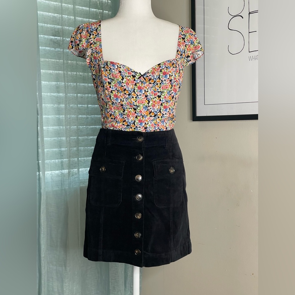 Black Corduroy Button Up Mini Skirt